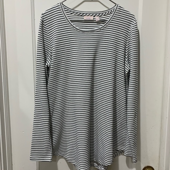 LOGO Lori Goldstein layers white black stripe tunic shirt 7182